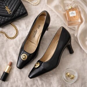 St. John Black Italian Leather Pumps Gold-Tone Button Emblem Size 6.5 $395